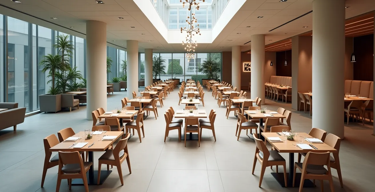 Vue aérienne d'un réfectoire montrant la circulation optimale entre les tables