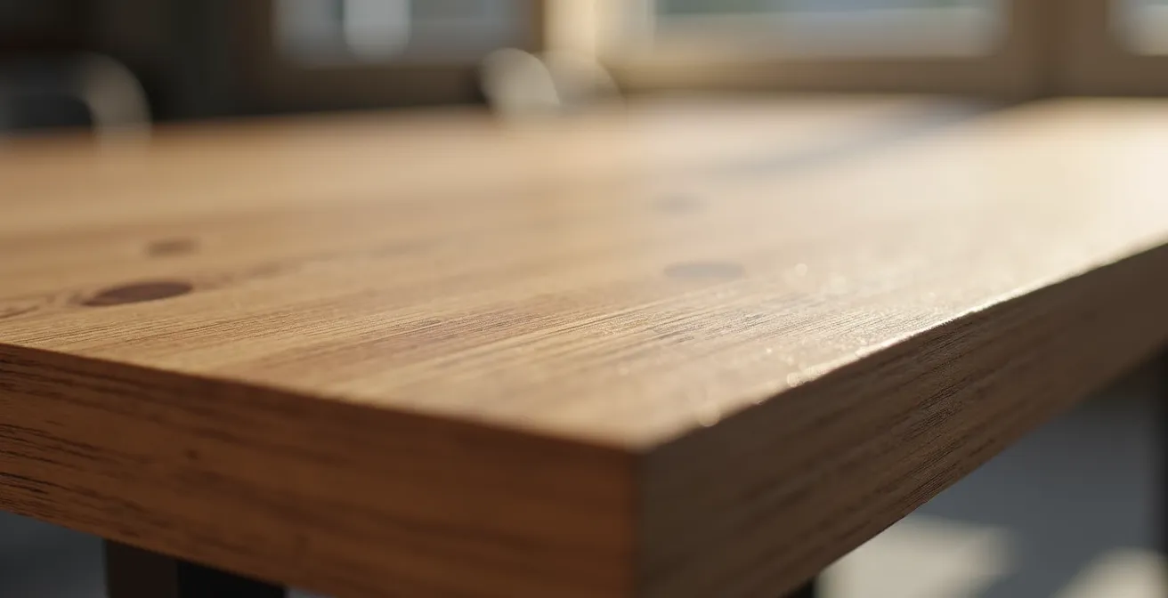 Gros plan sur surface de table en stratifié haute pression montrant la texture