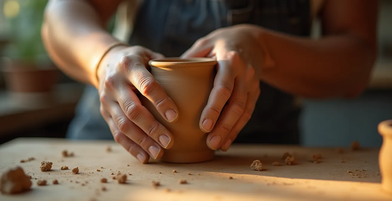 Gros plan sur des mains créant un objet décoratif unique