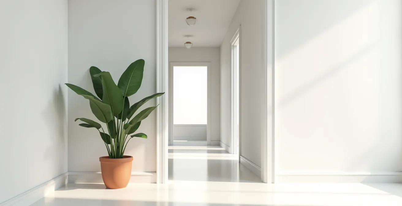 Vue d'un couloir créant une transition harmonieuse entre deux espaces