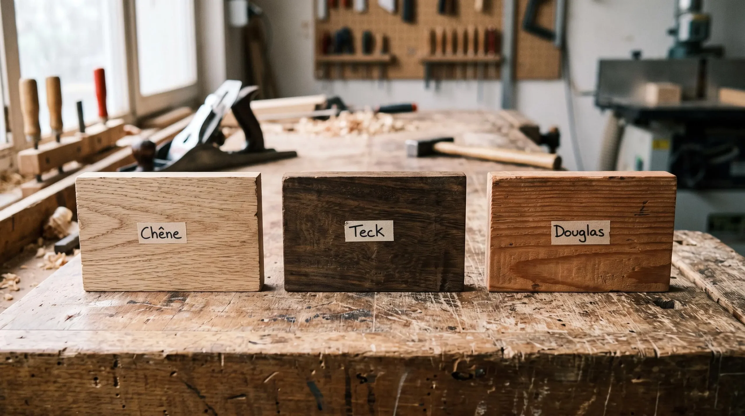 Échantillons de trois essences de bois pour porte d'entrée disposés sur un établi d'atelier : chêne européen clair, bois exotique foncé et douglas traité, chacun étiqueté