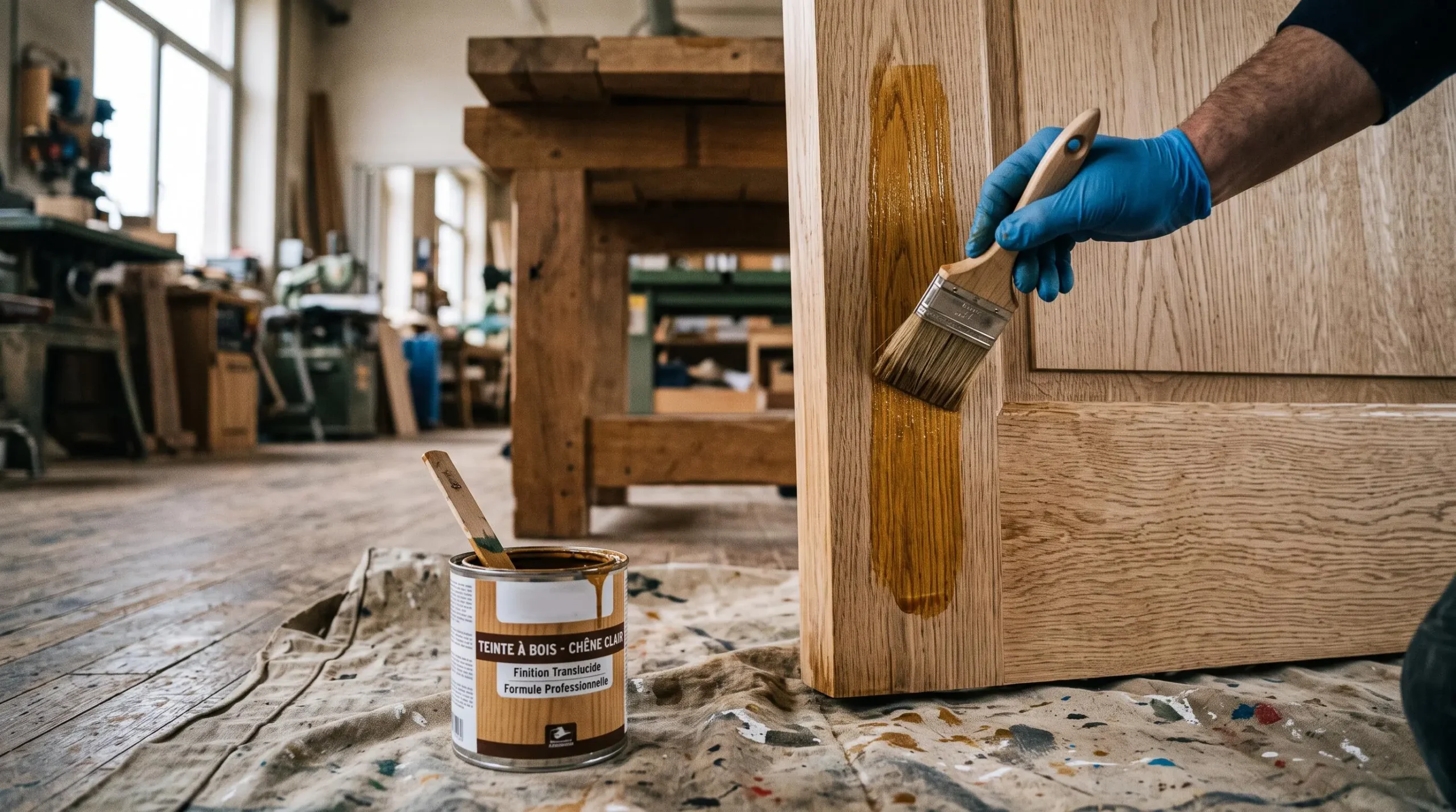 Main gantée de professionnel appliquant au pinceau large une lasure translucide sur une surface de porte en chêne, pot de produit de protection visible au premier plan