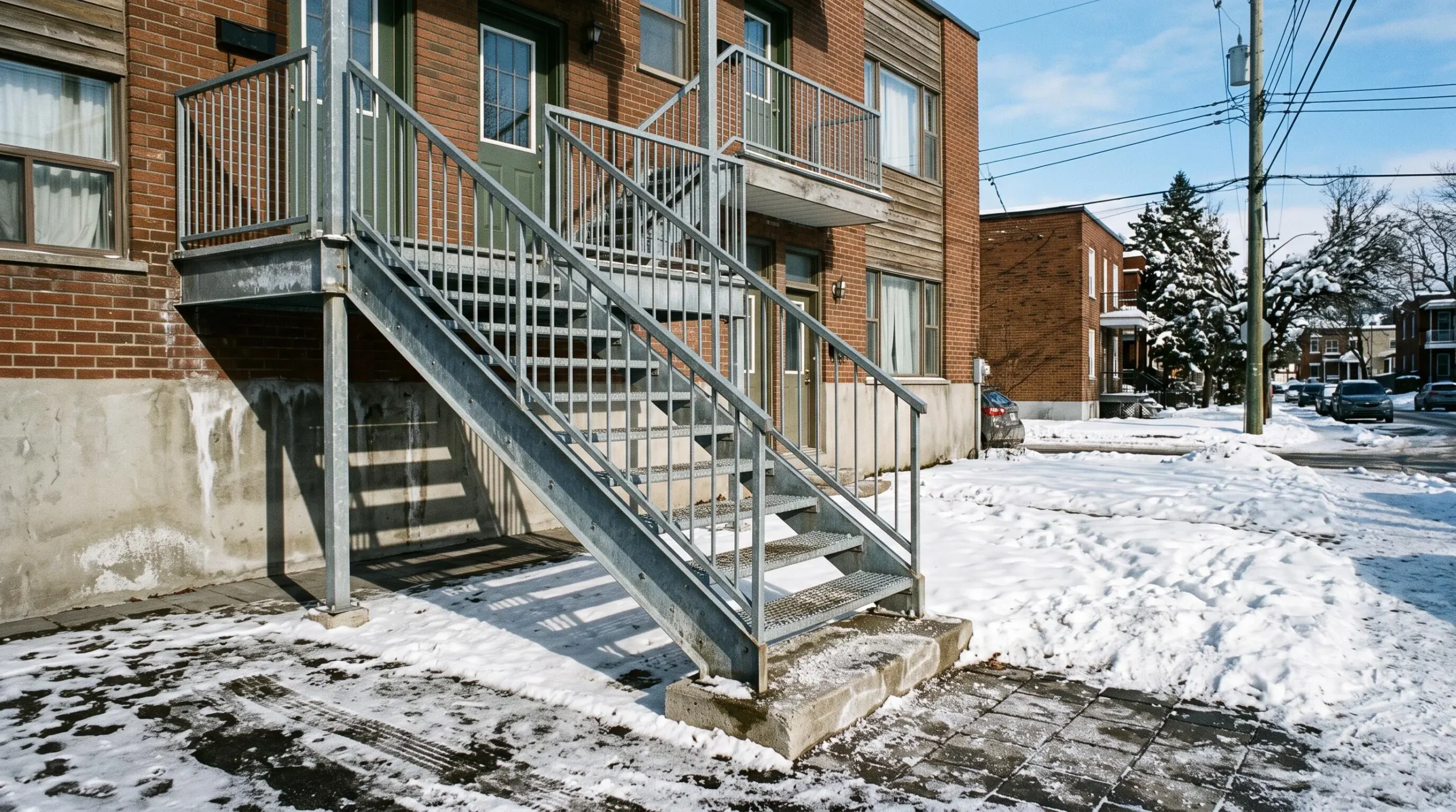Un escalier extérieur en acier galvanisé devant un duplex montréalais en hiver, avec des traces de sel de déneigement au sol.