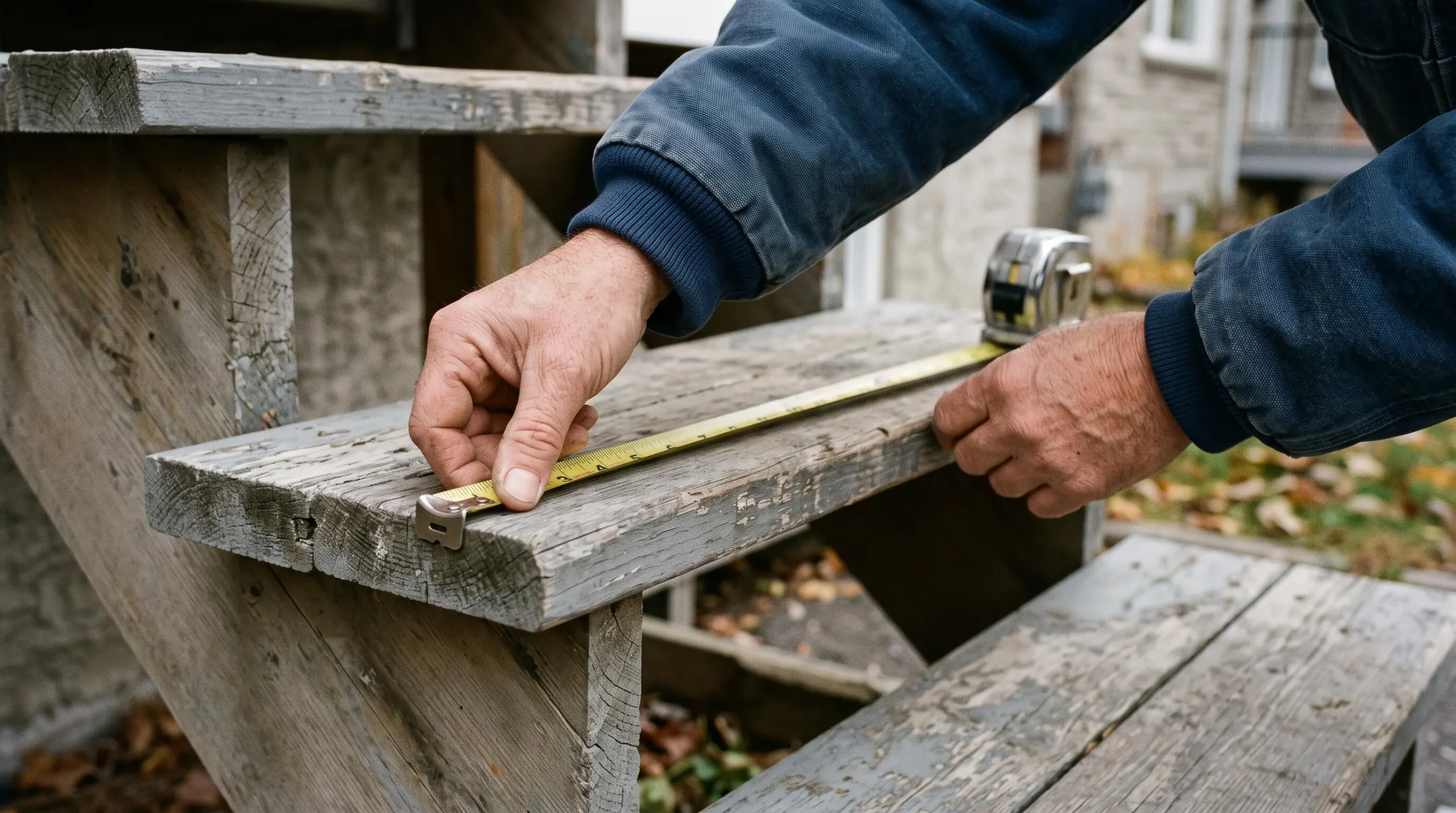 Des mains mesurent la largeur d'une marche d'escalier extérieur en bois usé avec un ruban à mesurer.