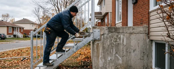 Un ouvrier installe un escalier extérieur en métal sur le mur de fondation d'une maison de banlieue montréalaise en automne.