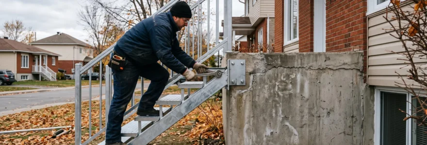 Un ouvrier installe un escalier extérieur en métal sur le mur de fondation d'une maison de banlieue montréalaise en automne.